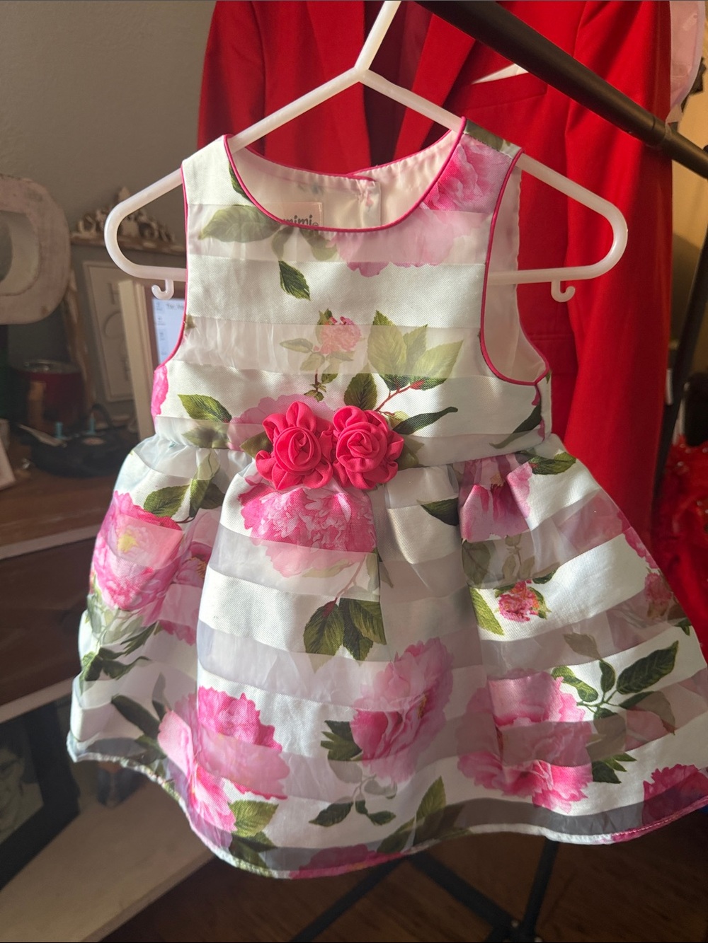 Girls Pink Floral Rosette Waist Party Dress